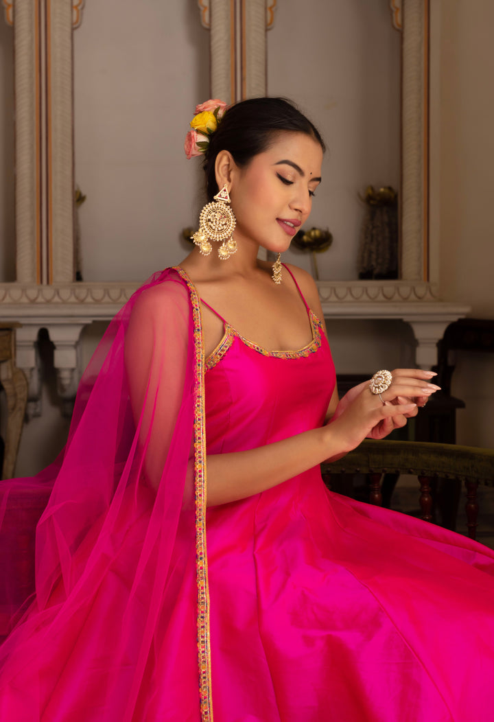 GULABI GALIYAN RIMJHIM PINK EMBROIDERY TAFFETA SILK ANARKALI SET WITH SOFT NET DUPATTA | SHOBITAM