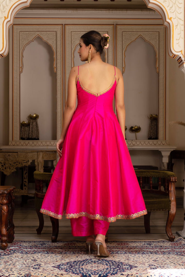 GULABI GALIYAN RIMJHIM PINK EMBROIDERY TAFFETA SILK ANARKALI SET WITH SOFT NET DUPATTA | SHOBITAM