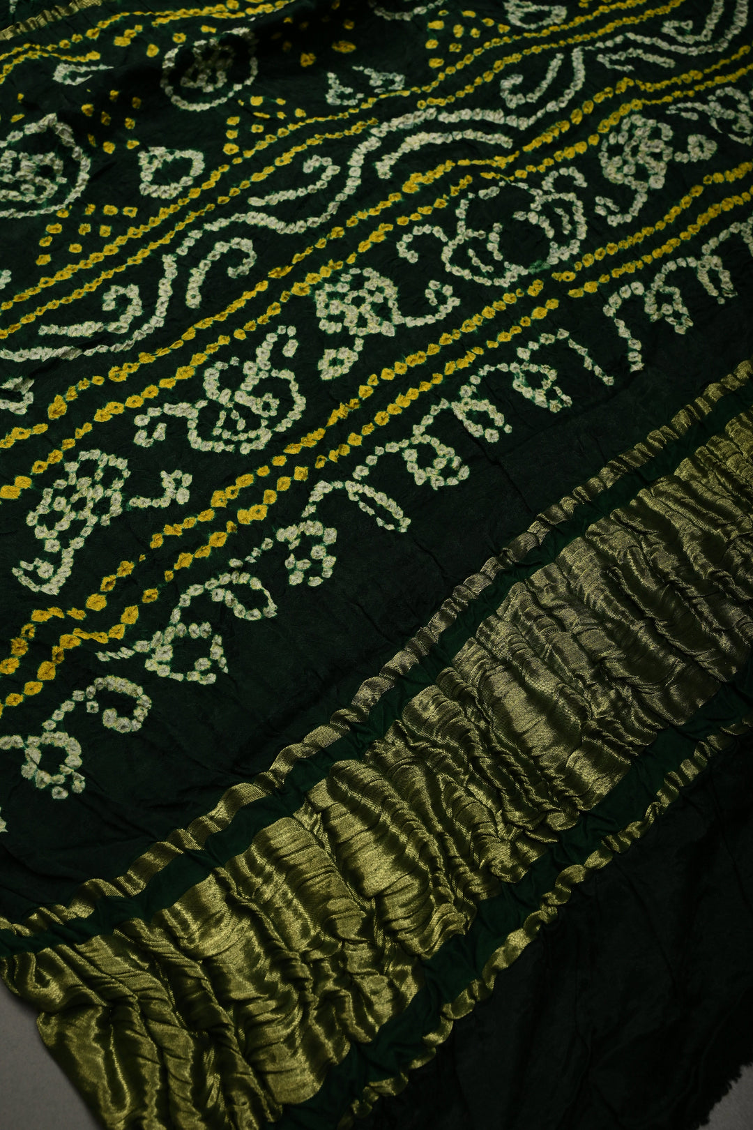 Bottle Green Modal Silk Saree with Gharchola Sarkam Bandhej Design and Zari Border | SHOBITAM