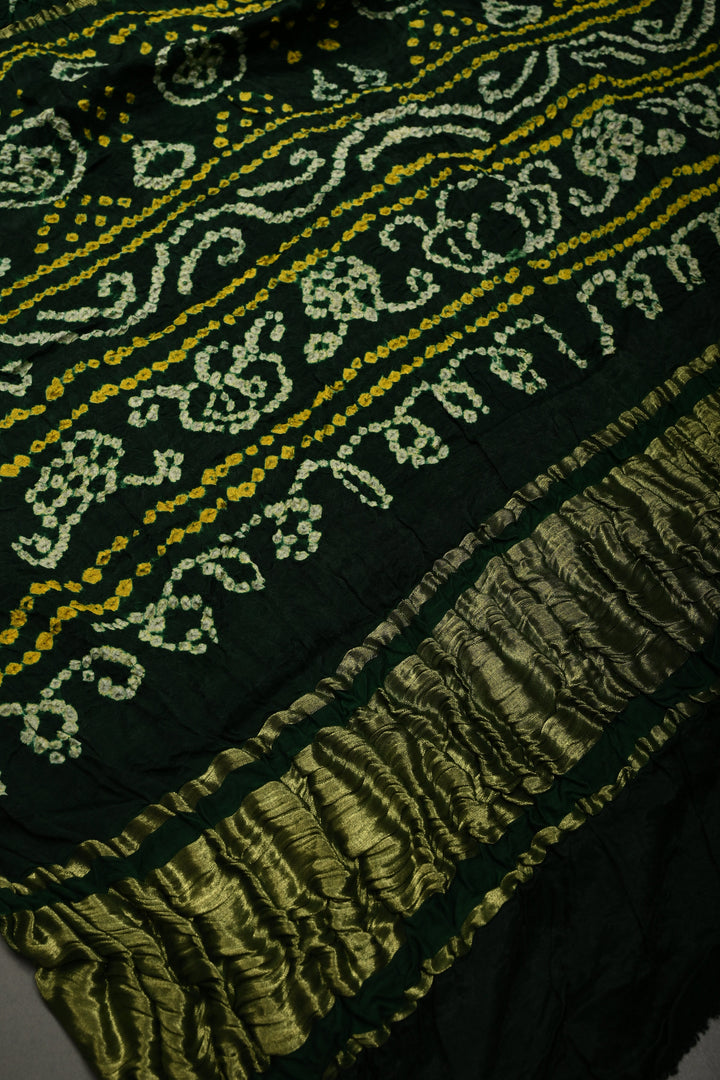 Bottle Green Modal Silk Saree with Gharchola Sarkam Bandhej Design and Zari Border | SHOBITAM