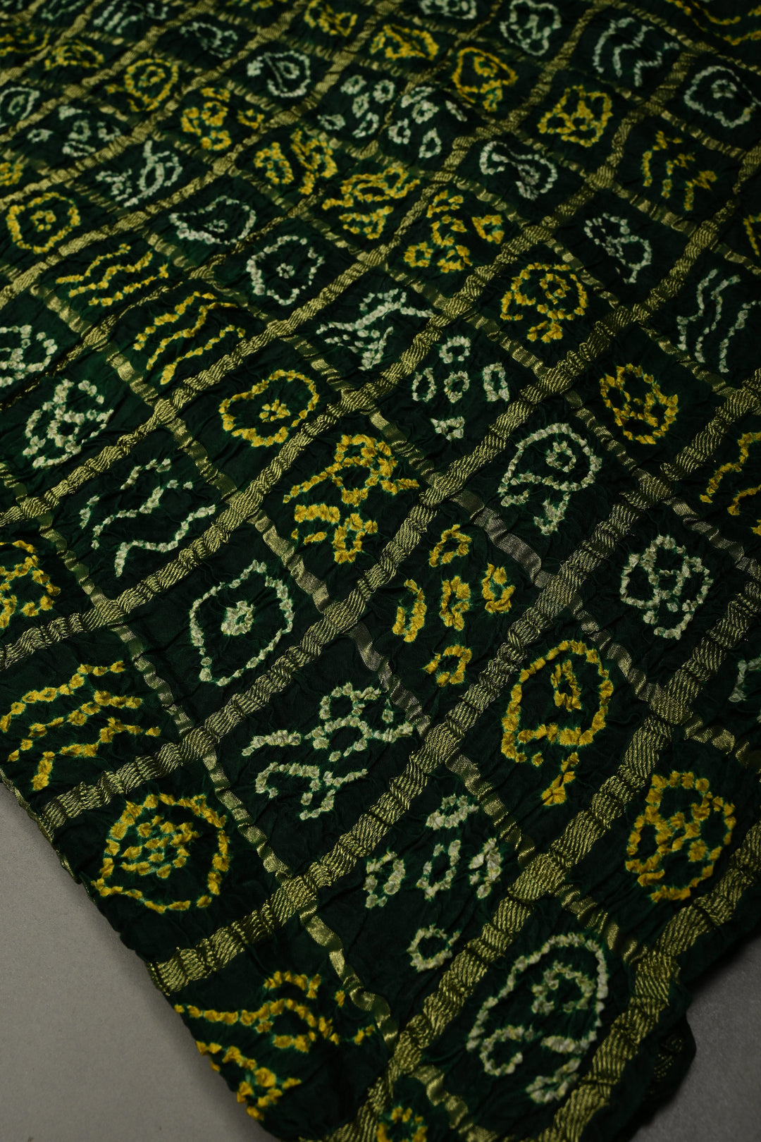 Bottle Green Modal Silk Saree with Gharchola Sarkam Bandhej Design and Zari Border | SHOBITAM