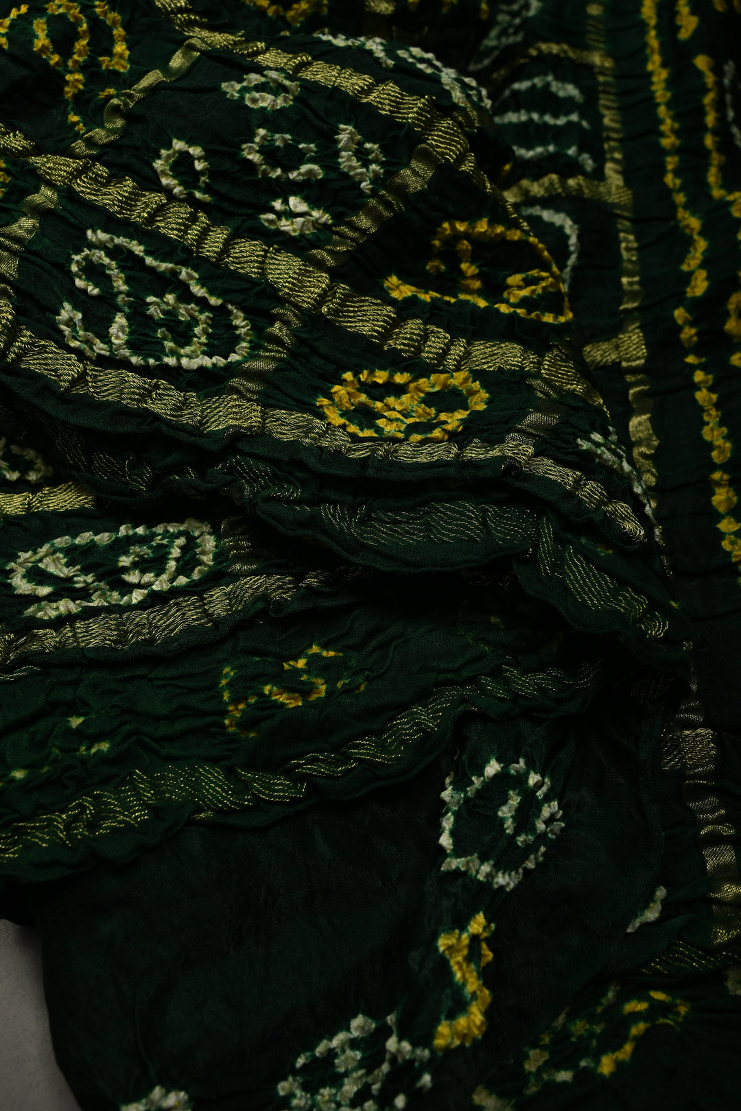 Bottle Green Modal Silk Saree with Gharchola Sarkam Bandhej Design and Zari Border | SHOBITAM