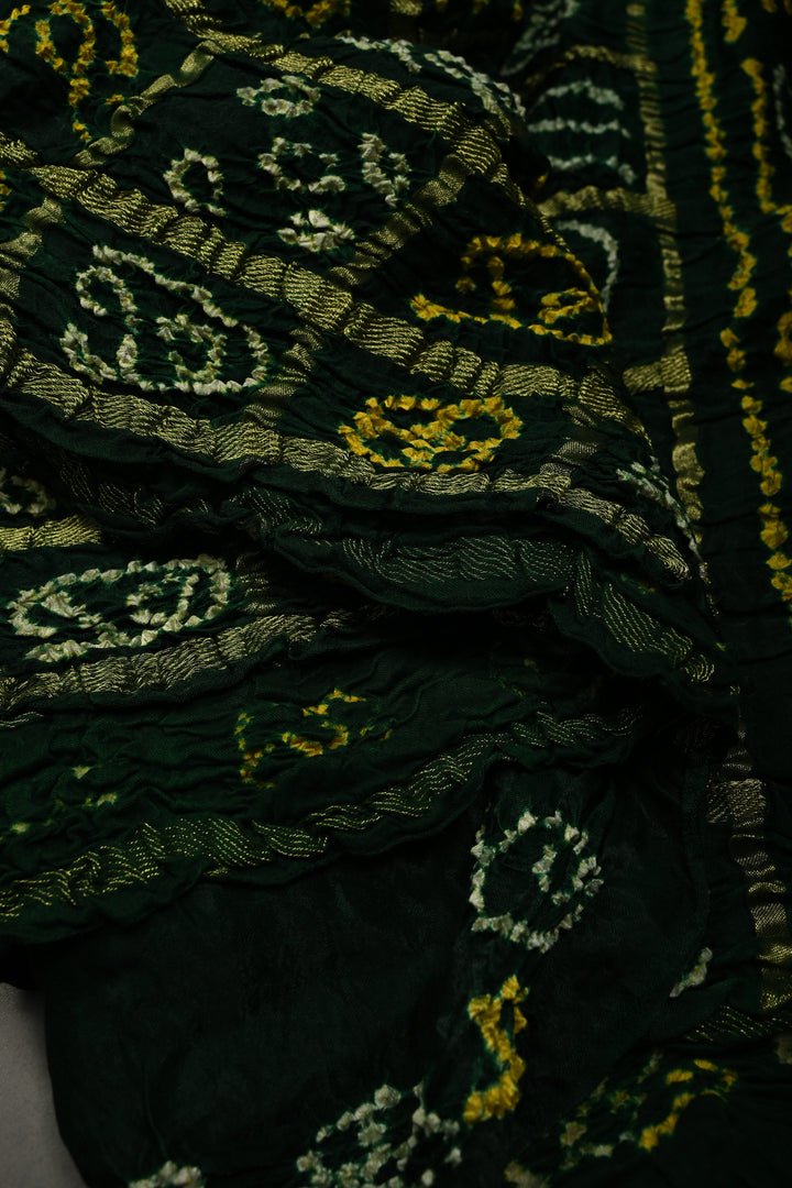 Bottle Green Modal Silk Saree with Gharchola Sarkam Bandhej Design and Zari Border | SHOBITAM