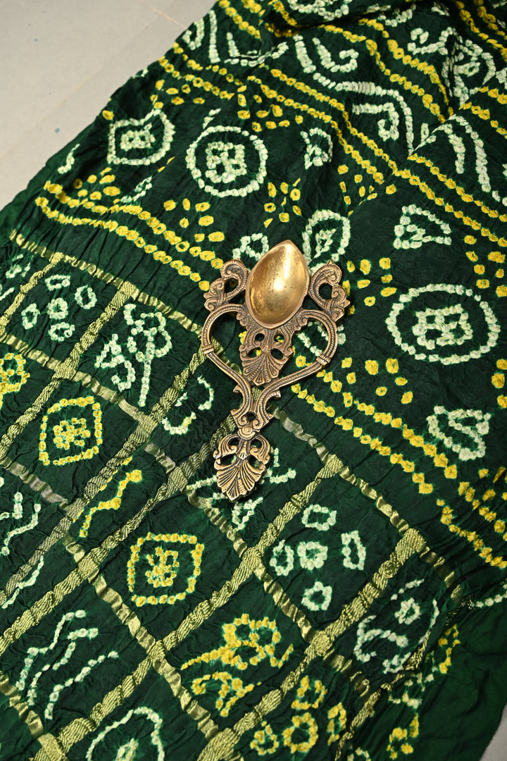 Bottle Green Modal Silk Saree with Gharchola Sarkam Bandhej Design and Zari Border | SHOBITAM