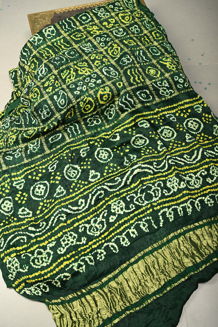 Bottle Green Modal Silk Saree with Gharchola Sarkam Bandhej Design and Zari Border | SHOBITAM