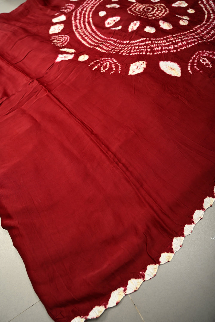 Maroon Modal Silk Saree with Lagda Patta and Hand Shibori Mandala Pallu | SHOBITAM