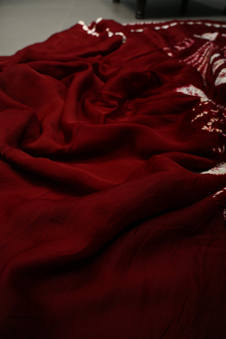 Maroon Modal Silk Saree with Lagda Patta and Hand Shibori Mandala Pallu | SHOBITAM