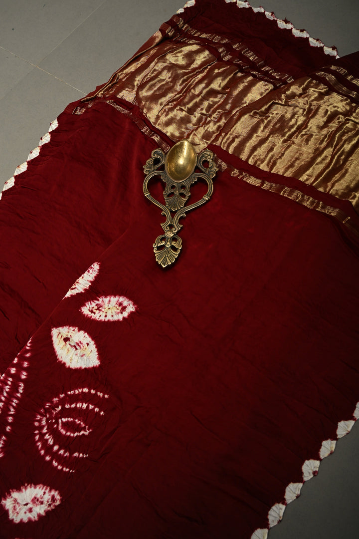 Maroon Modal Silk Saree with Lagda Patta and Hand Shibori Mandala Pallu | SHOBITAM