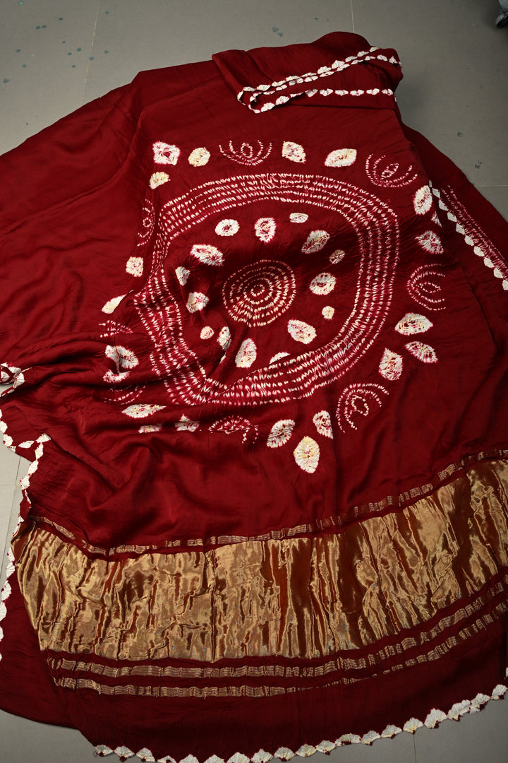 Maroon Modal Silk Saree with Lagda Patta and Hand Shibori Mandala Pallu | SHOBITAM