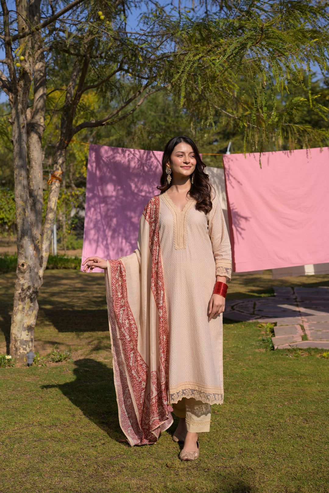 Beige Dobby Cotton with Lace and Block Printed Dupatta Suit Set- SET OF-3 | SHOBITAM