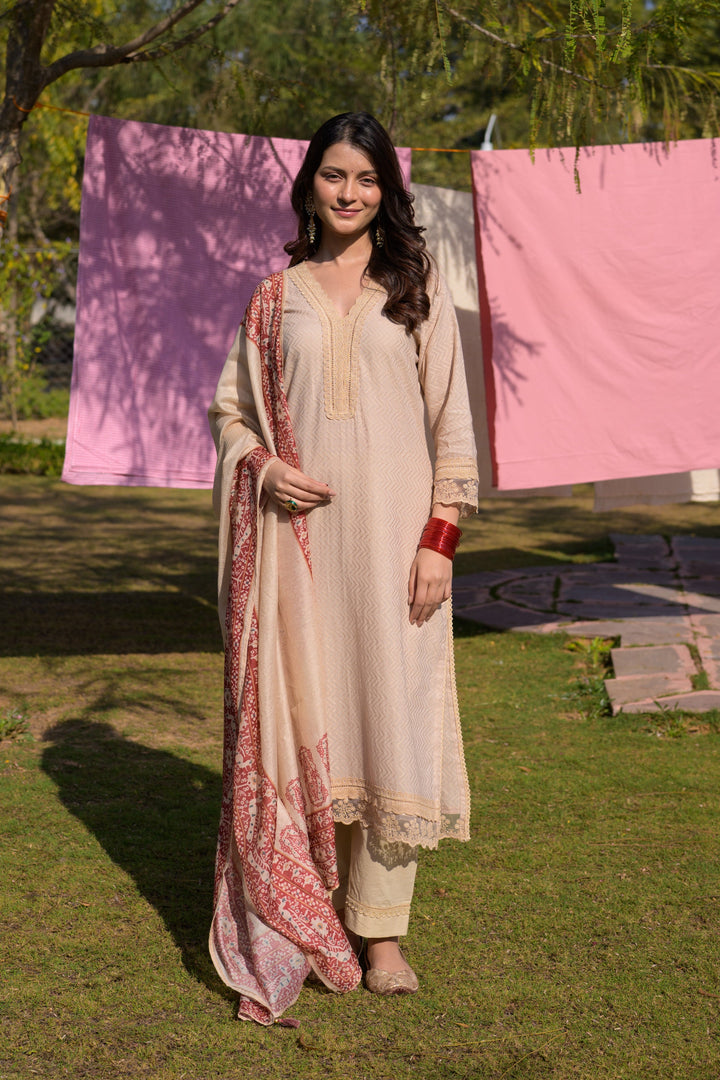Beige Dobby Cotton with Lace and Block Printed Dupatta Suit Set- SET OF-3 | SHOBITAM