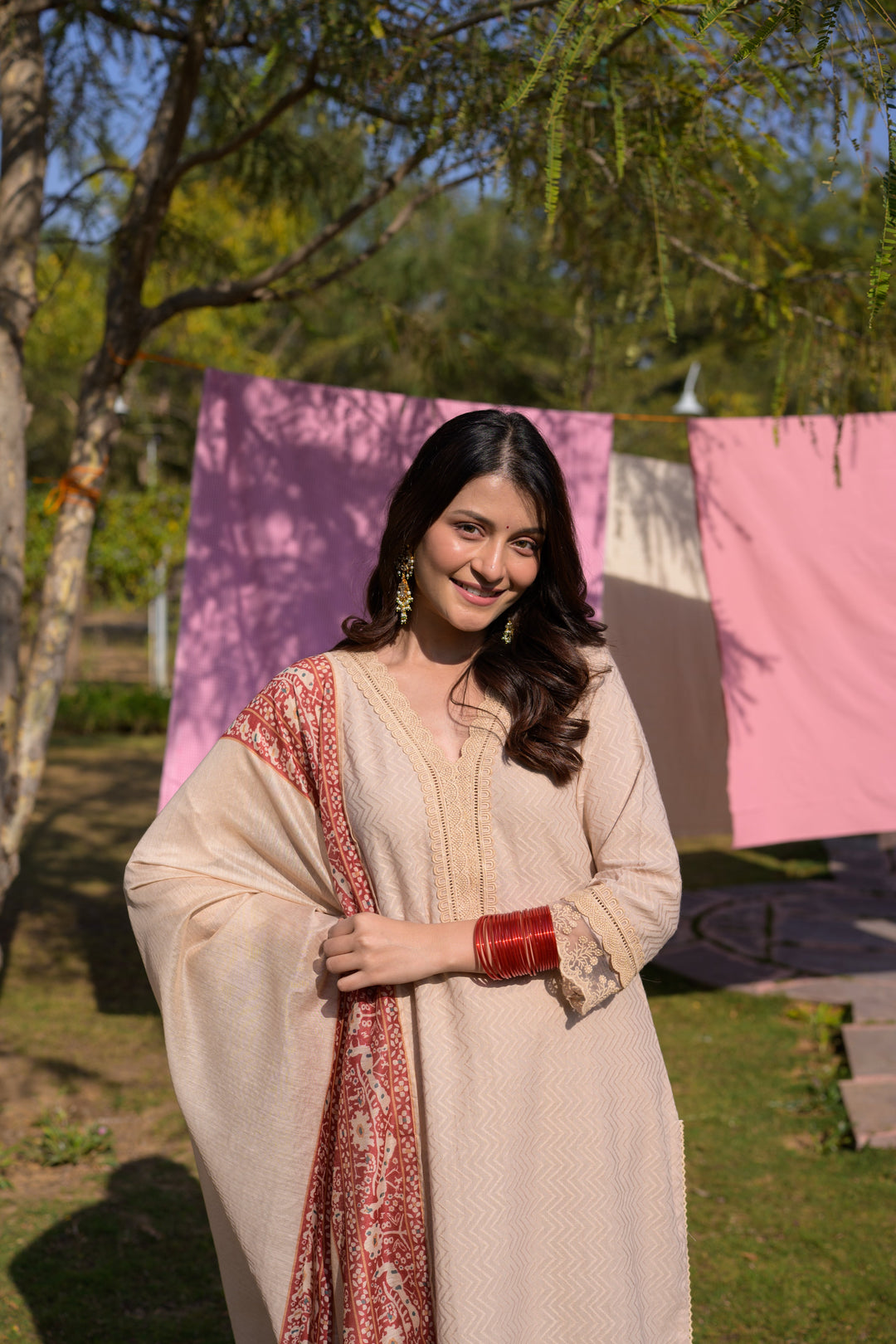 Beige Dobby Cotton with Lace and Block Printed Dupatta Suit Set- SET OF-3 | SHOBITAM