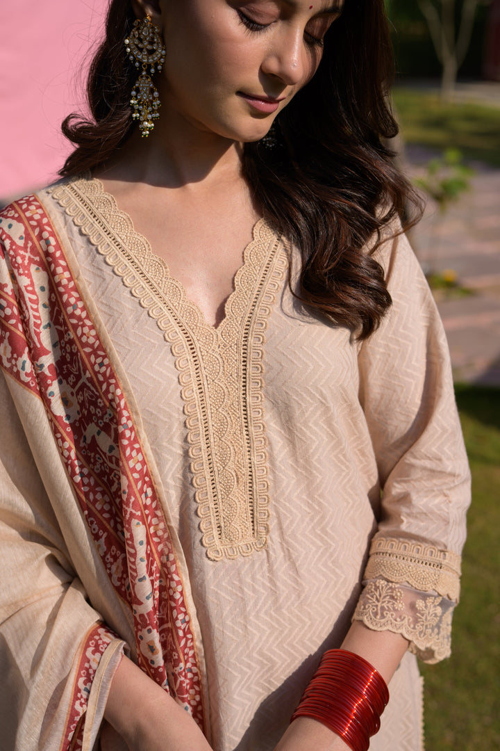 Beige Dobby Cotton with Lace and Block Printed Dupatta Suit Set- SET OF-3 | SHOBITAM