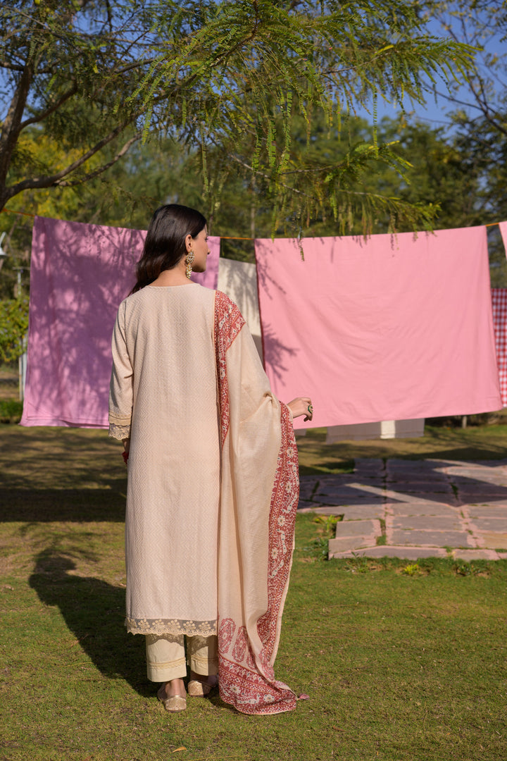 Beige Dobby Cotton with Lace and Block Printed Dupatta Suit Set- SET OF-3 | SHOBITAM