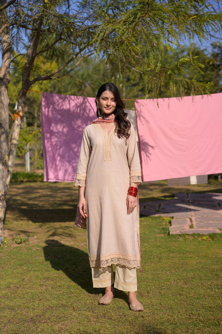 Beige Dobby Cotton with Lace and Block Printed Dupatta Suit Set- SET OF-3 | SHOBITAM