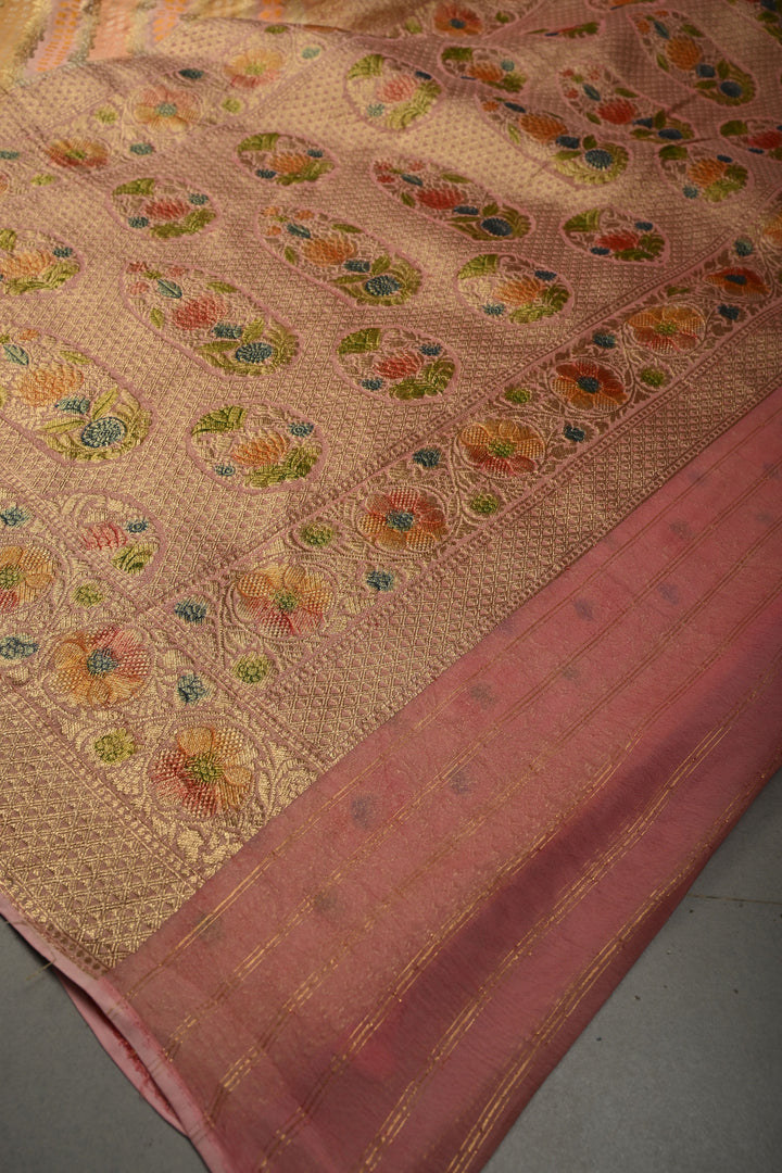 Pastel Hued Diagonal Pattern Zari Detailing on Vegan Viscose Georgette Saree with Rangkaat Style Brush Dye and Borders | SHOBITAM