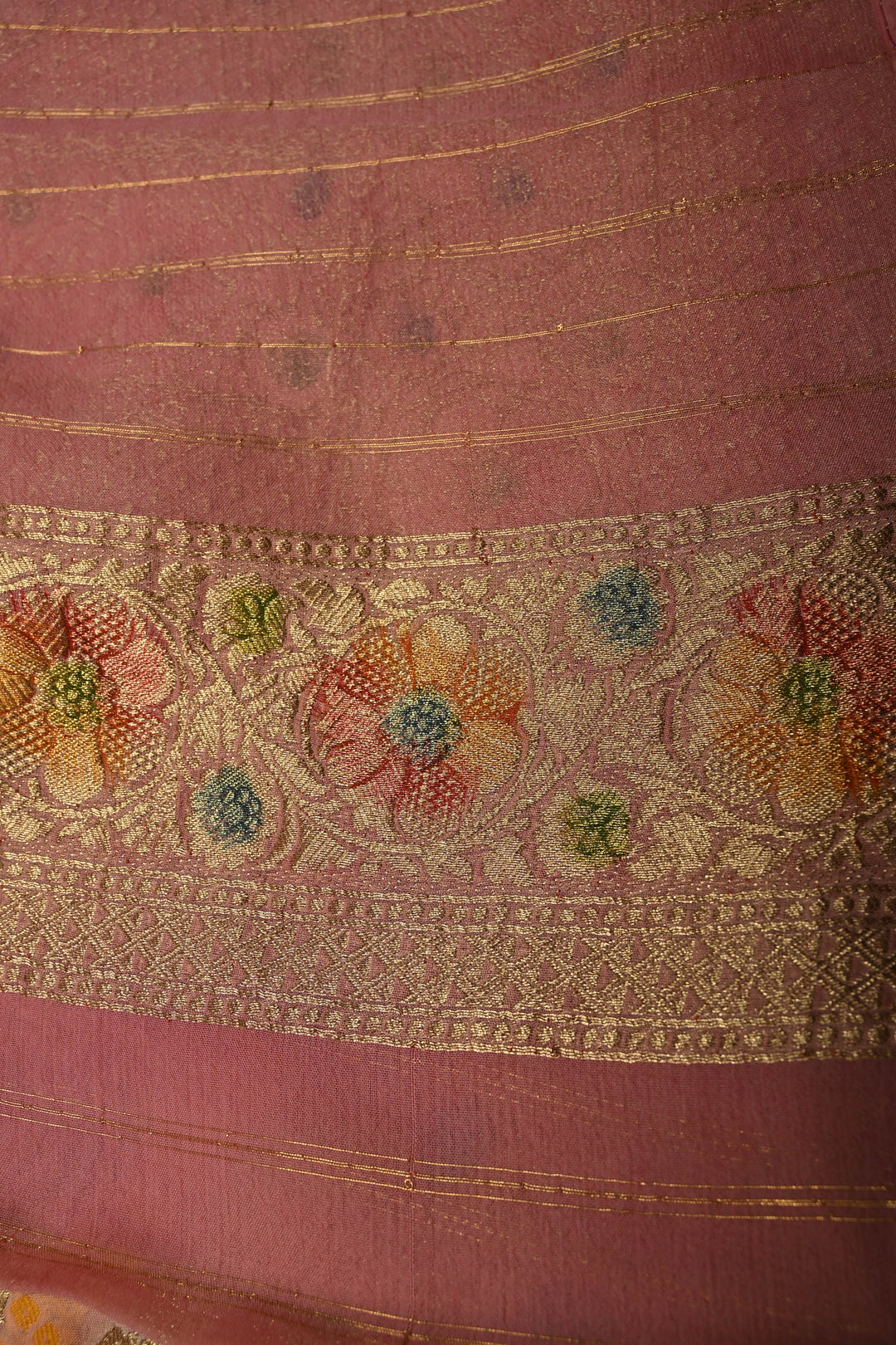 Pastel Hued Diagonal Pattern Zari Detailing on Vegan Viscose Georgette Saree with Rangkaat Style Brush Dye and Borders | SHOBITAM