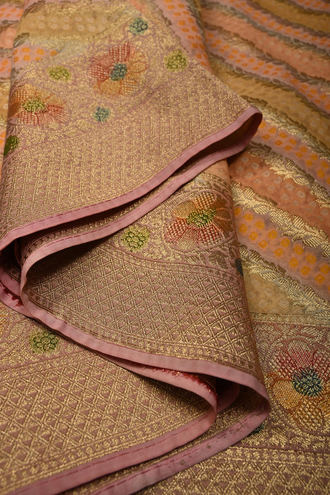 Pastel Hued Diagonal Pattern Zari Detailing on Vegan Viscose Georgette Saree with Rangkaat Style Brush Dye and Borders | SHOBITAM