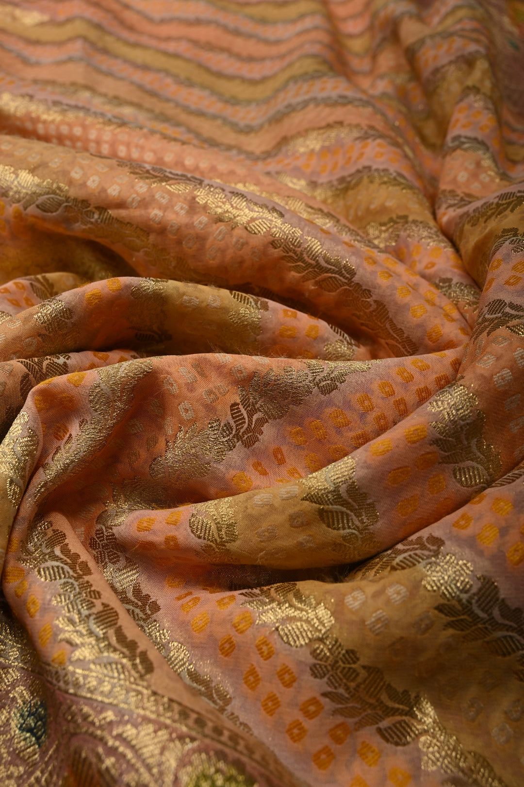 Pastel Hued Diagonal Pattern Zari Detailing on Vegan Viscose Georgette Saree with Rangkaat Style Brush Dye and Borders | SHOBITAM