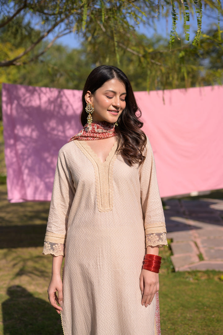 Beige Dobby Cotton with Lace and Block Printed Dupatta Suit Set- SET OF-3 | SHOBITAM