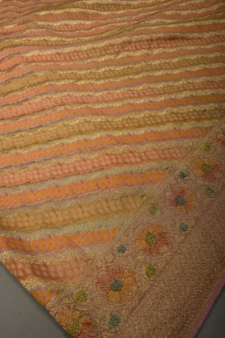 Pastel Hued Diagonal Pattern Zari Detailing on Vegan Viscose Georgette Saree with Rangkaat Style Brush Dye and Borders | SHOBITAM