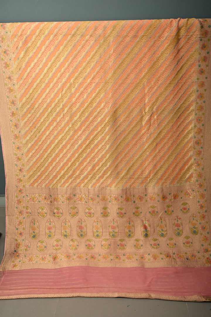Pastel Hued Diagonal Pattern Zari Detailing on Vegan Viscose Georgette Saree with Rangkaat Style Brush Dye and Borders | SHOBITAM