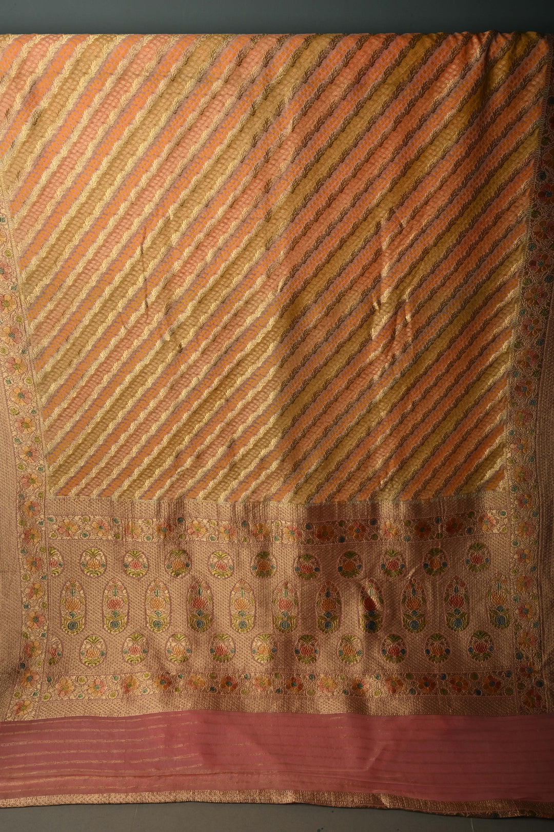 Pastel Hued Diagonal Pattern Zari Detailing on Vegan Viscose Georgette Saree with Rangkaat Style Brush Dye and Borders | SHOBITAM