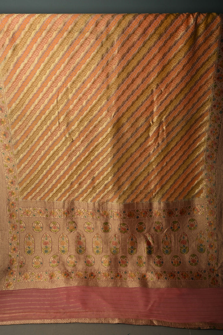 Pastel Hued Diagonal Pattern Zari Detailing on Vegan Viscose Georgette Saree with Rangkaat Style Brush Dye and Borders | SHOBITAM