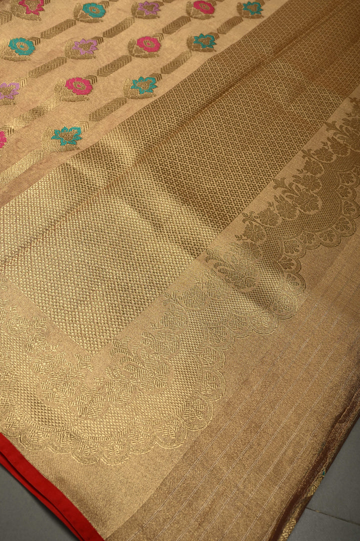 Dusty Pink-Gold Banarasi Vegan Silk Tissue Saree with Meenakari Design and Scallop Zari Border | SHOBITAM