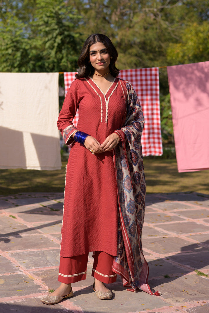 Brick Red Dobby Cotton with Lace and Block Printed Dupatta Suit Set- SET OF-3 | SHOBITAM