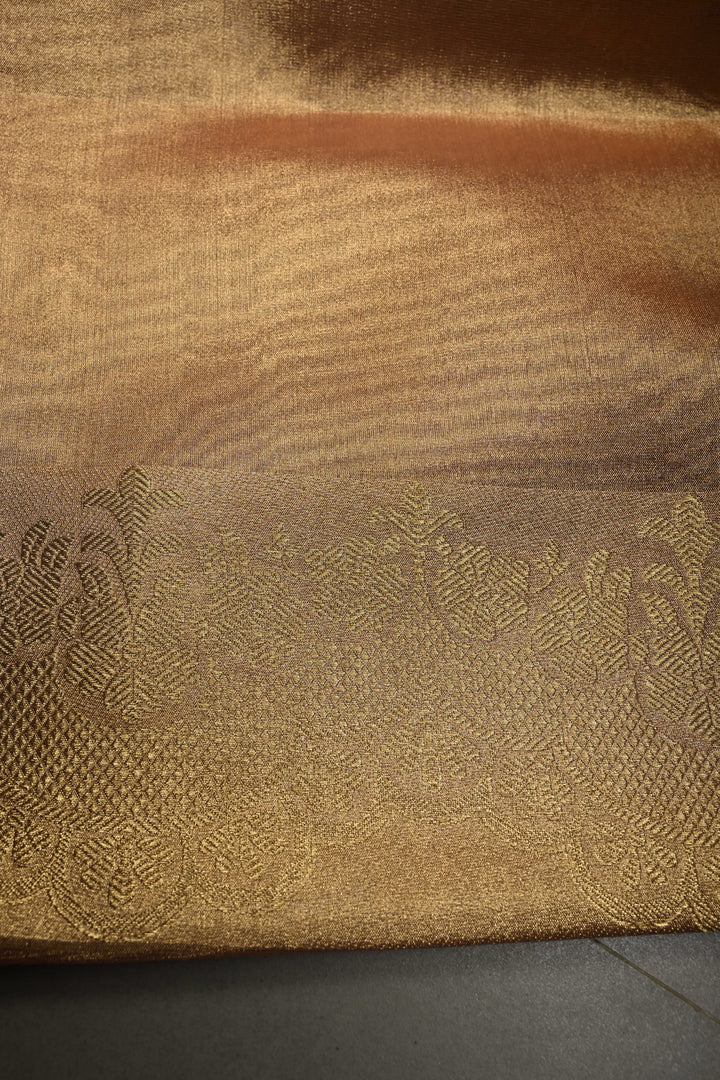 Dusty Pink-Gold Banarasi Vegan Silk Tissue Saree with Meenakari Design and Scallop Zari Border | SHOBITAM