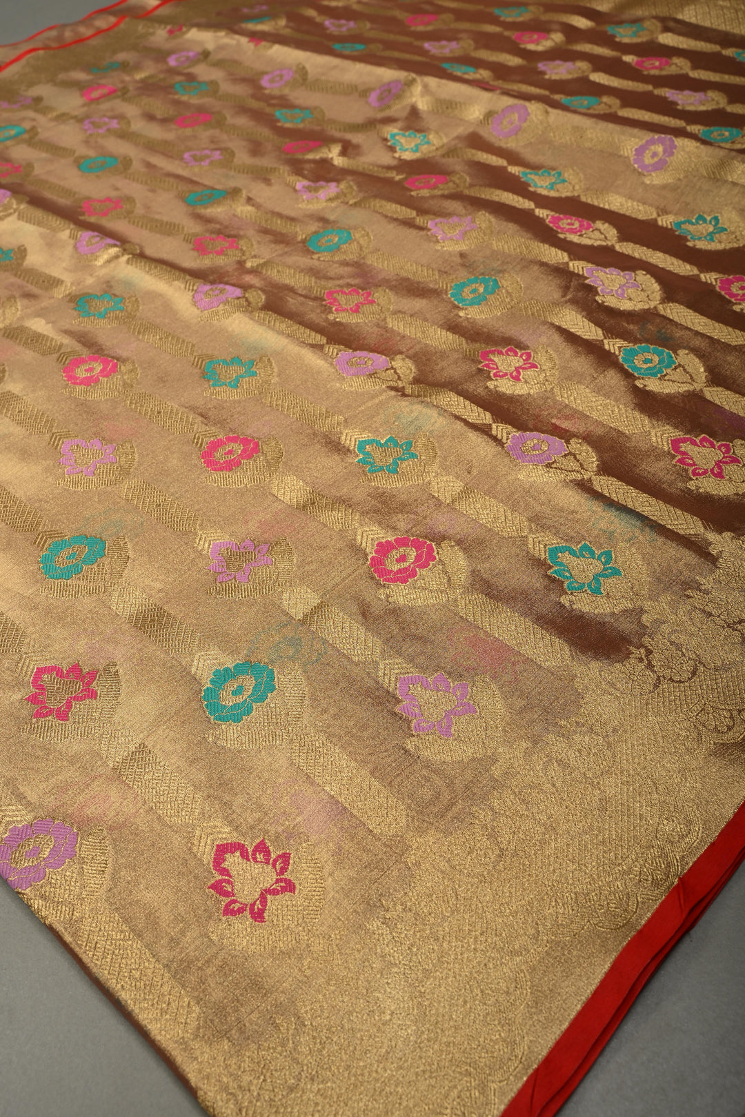 Dusty Pink-Gold Banarasi Vegan Silk Tissue Saree with Meenakari Design and Scallop Zari Border | SHOBITAM