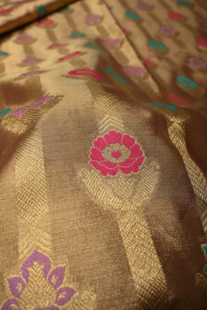 Dusty Pink-Gold Banarasi Vegan Silk Tissue Saree with Meenakari Design and Scallop Zari Border | SHOBITAM