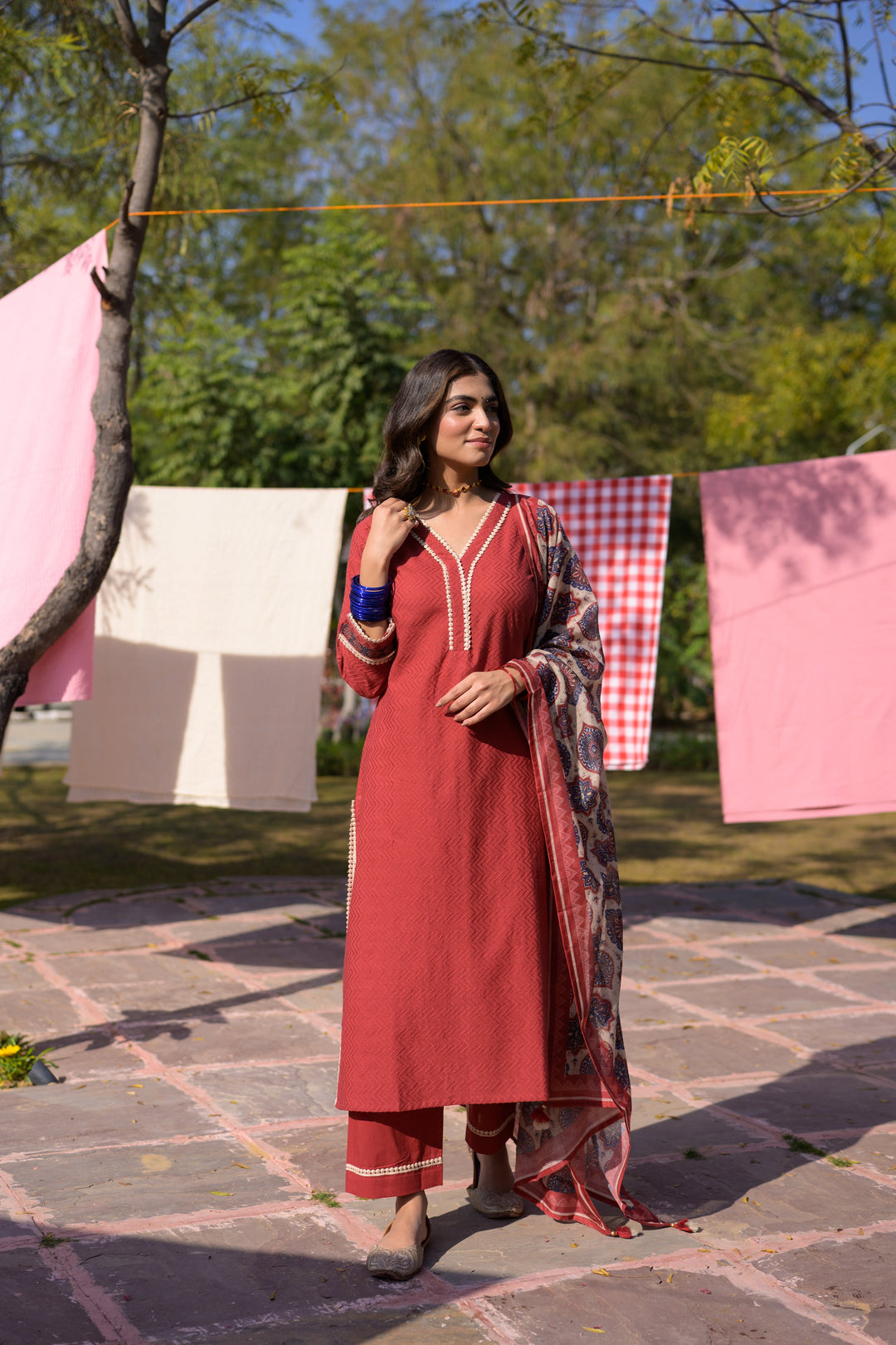 Brick Red Dobby Cotton with Lace and Block Printed Dupatta Suit Set- SET OF-3 | SHOBITAM