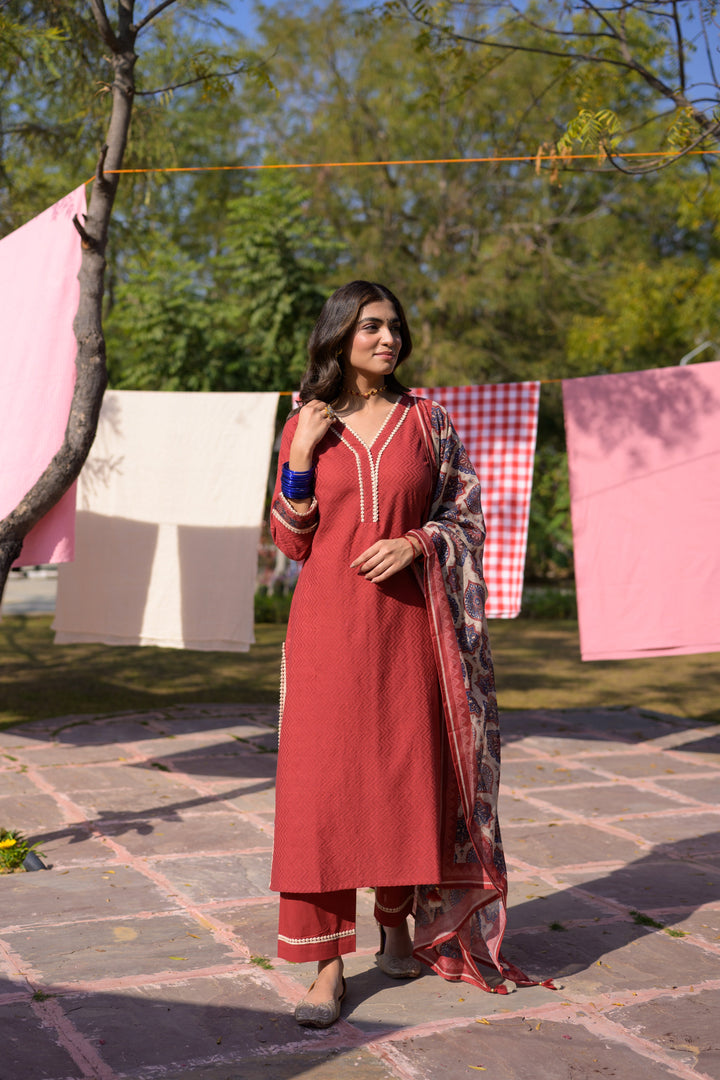 Brick Red Dobby Cotton with Lace and Block Printed Dupatta Suit Set- SET OF-3 | SHOBITAM