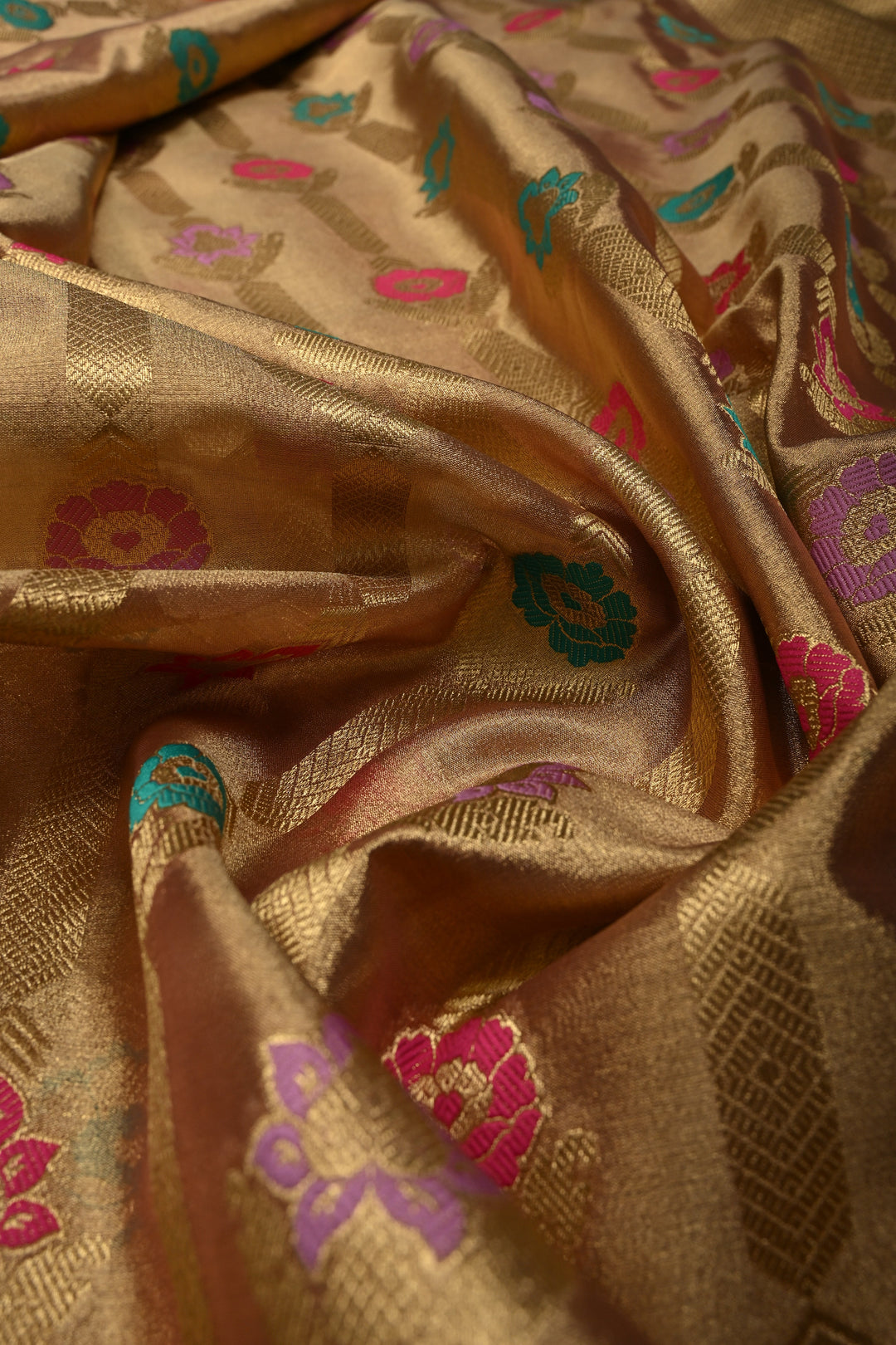 Dusty Pink-Gold Banarasi Vegan Silk Tissue Saree with Meenakari Design and Scallop Zari Border | SHOBITAM