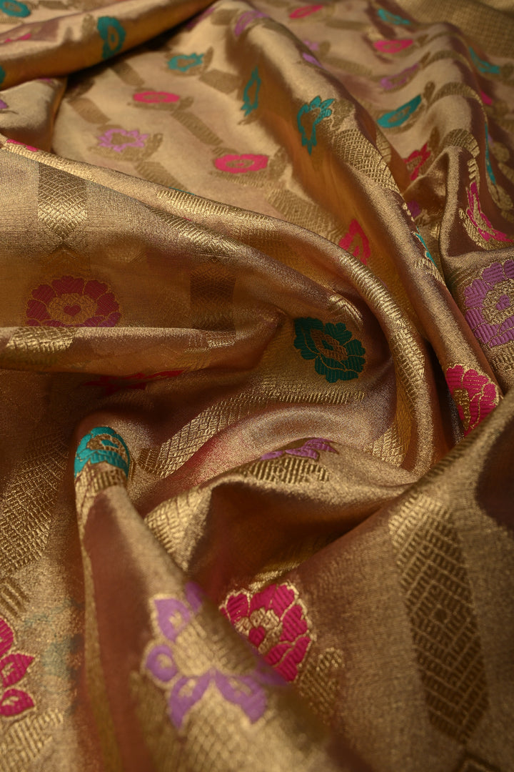Dusty Pink-Gold Banarasi Vegan Silk Tissue Saree with Meenakari Design and Scallop Zari Border | SHOBITAM