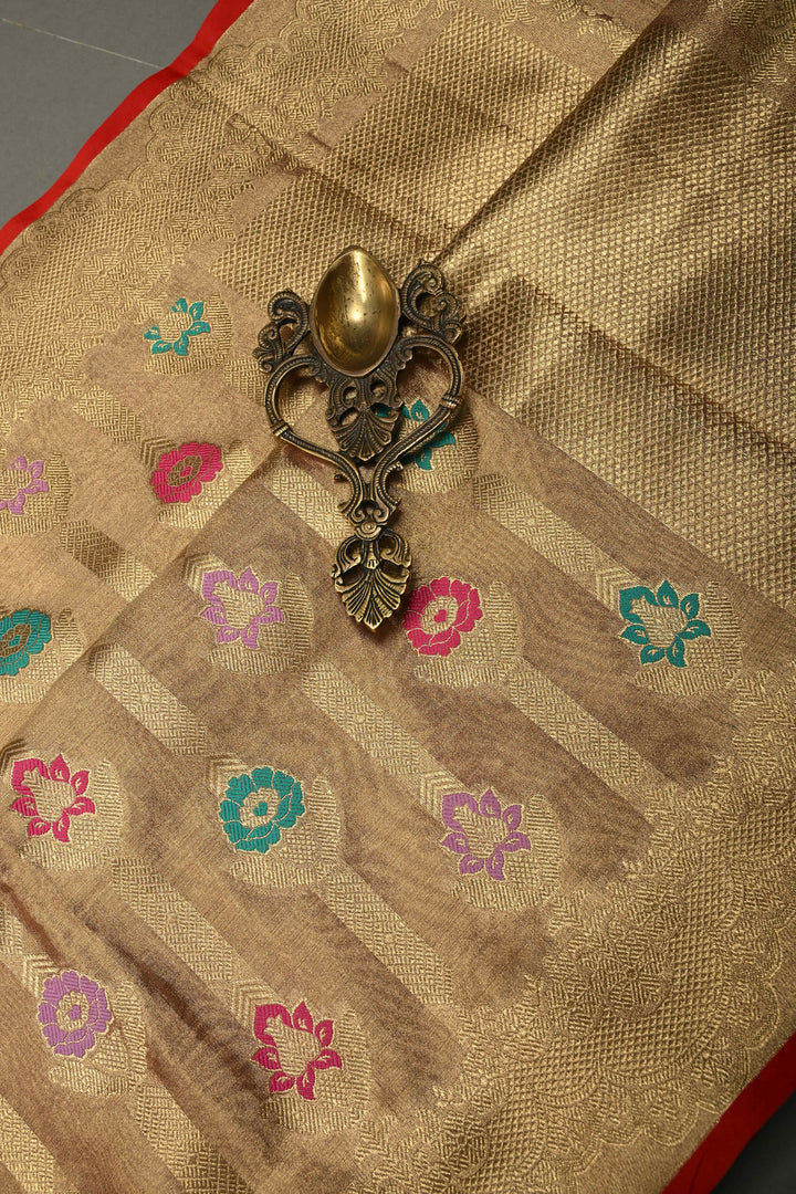 Dusty Pink-Gold Banarasi Vegan Silk Tissue Saree with Meenakari Design and Scallop Zari Border | SHOBITAM