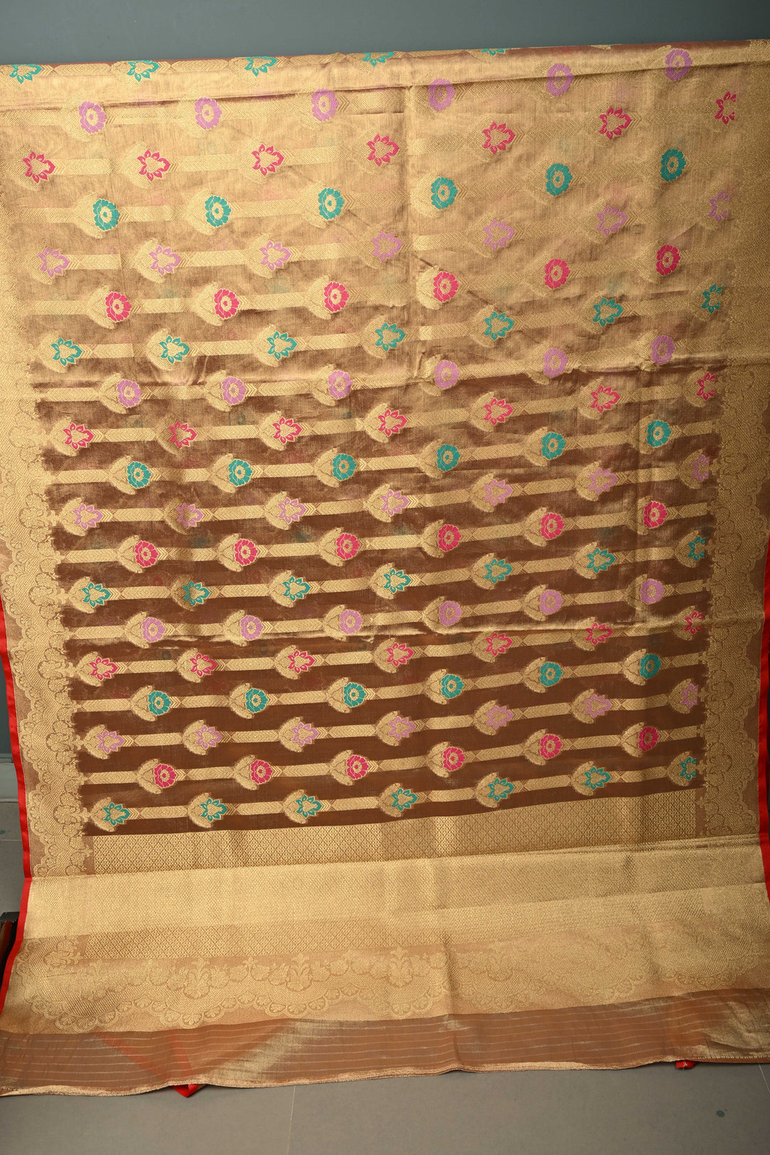 Dusty Pink-Gold Banarasi Vegan Silk Tissue Saree with Meenakari Design and Scallop Zari Border | SHOBITAM