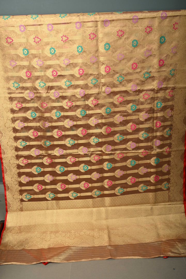Dusty Pink-Gold Banarasi Vegan Silk Tissue Saree with Meenakari Design and Scallop Zari Border | SHOBITAM