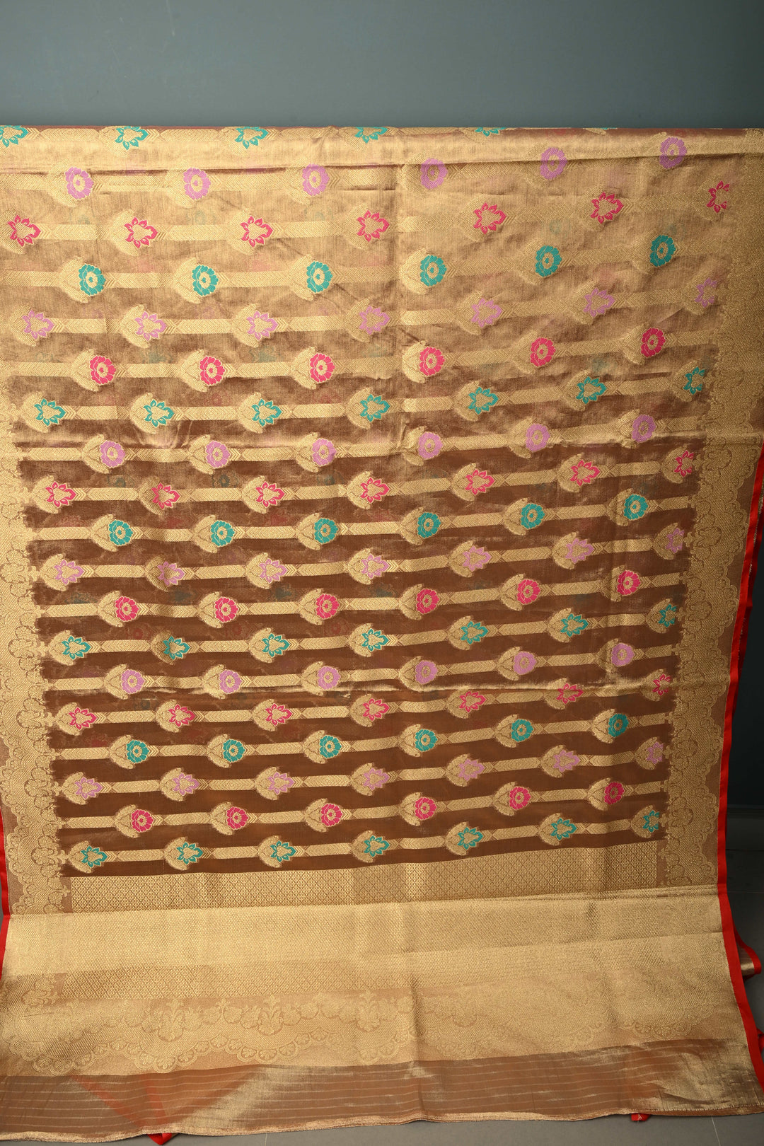 Dusty Pink-Gold Banarasi Vegan Silk Tissue Saree with Meenakari Design and Scallop Zari Border | SHOBITAM