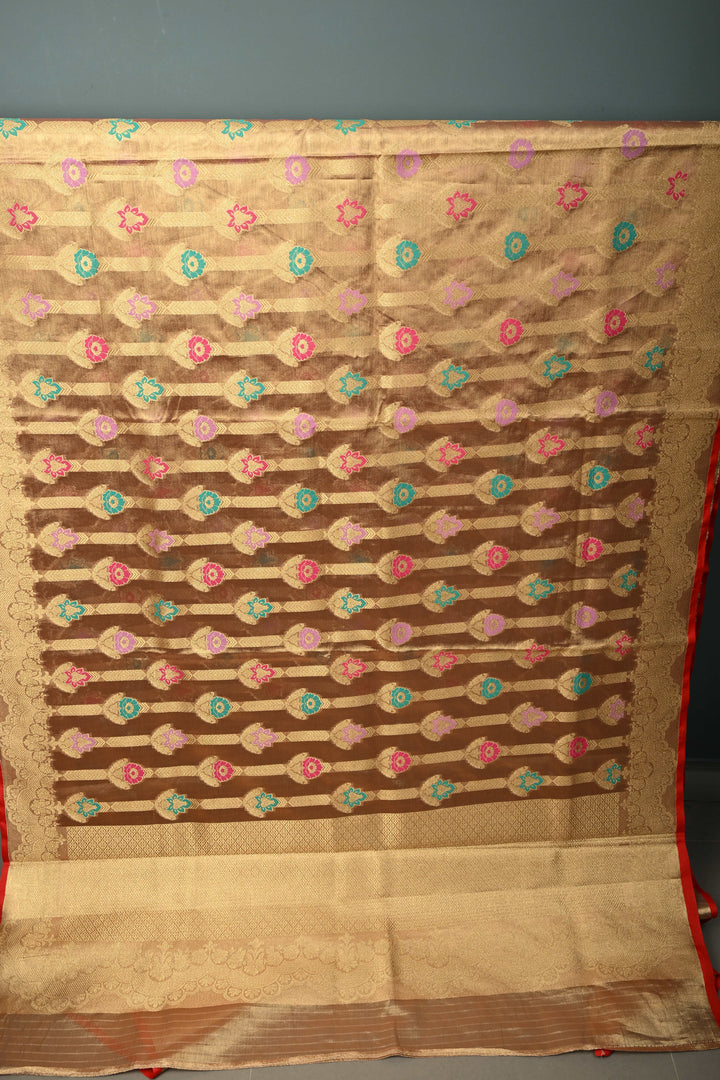 Dusty Pink-Gold Banarasi Vegan Silk Tissue Saree with Meenakari Design and Scallop Zari Border | SHOBITAM