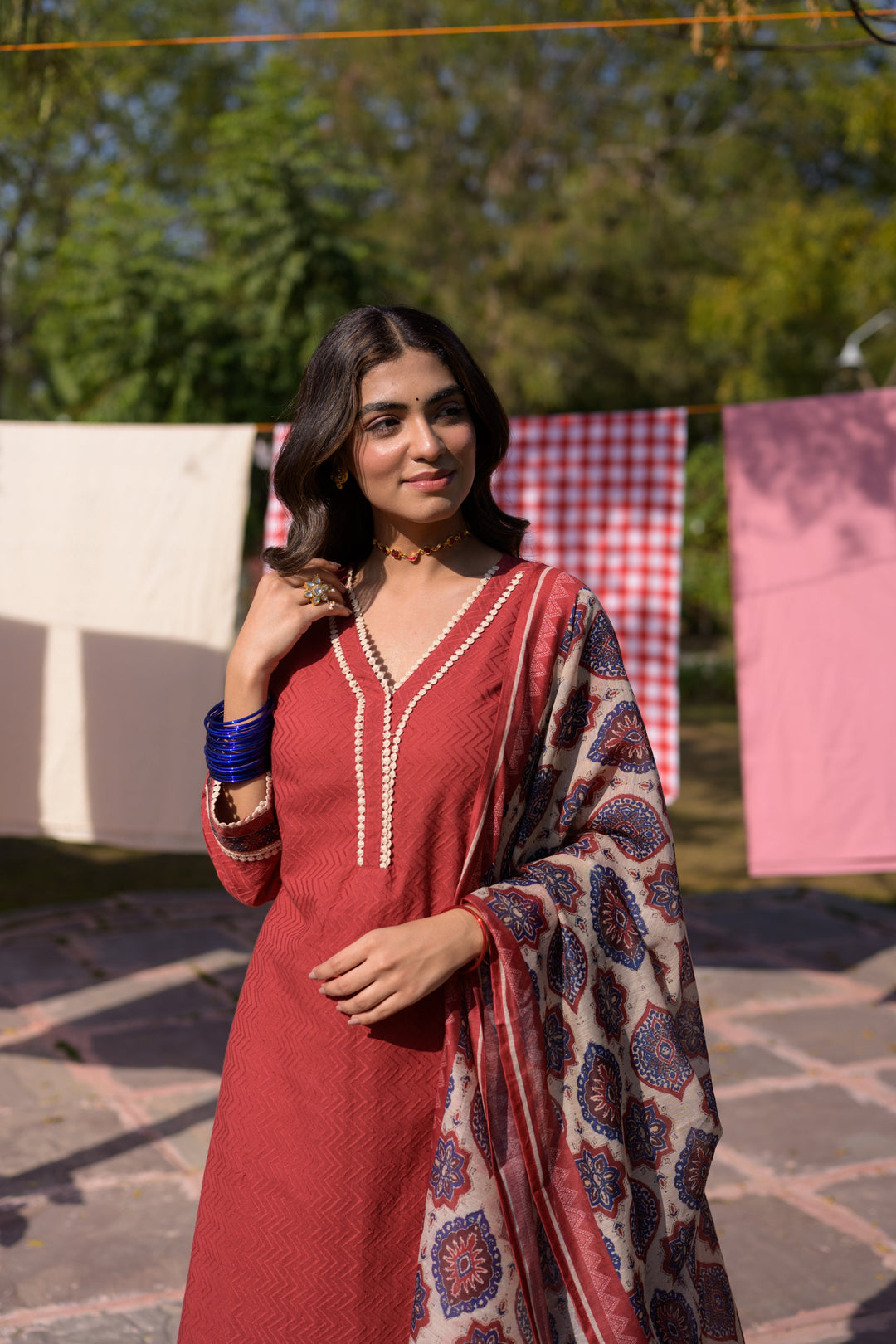 Brick Red Dobby Cotton with Lace and Block Printed Dupatta Suit Set- SET OF-3 | SHOBITAM
