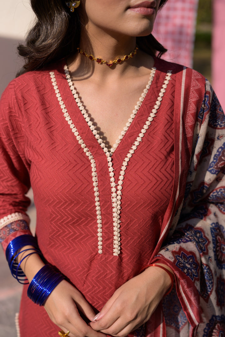 Brick Red Dobby Cotton with Lace and Block Printed Dupatta Suit Set- SET OF-3 | SHOBITAM