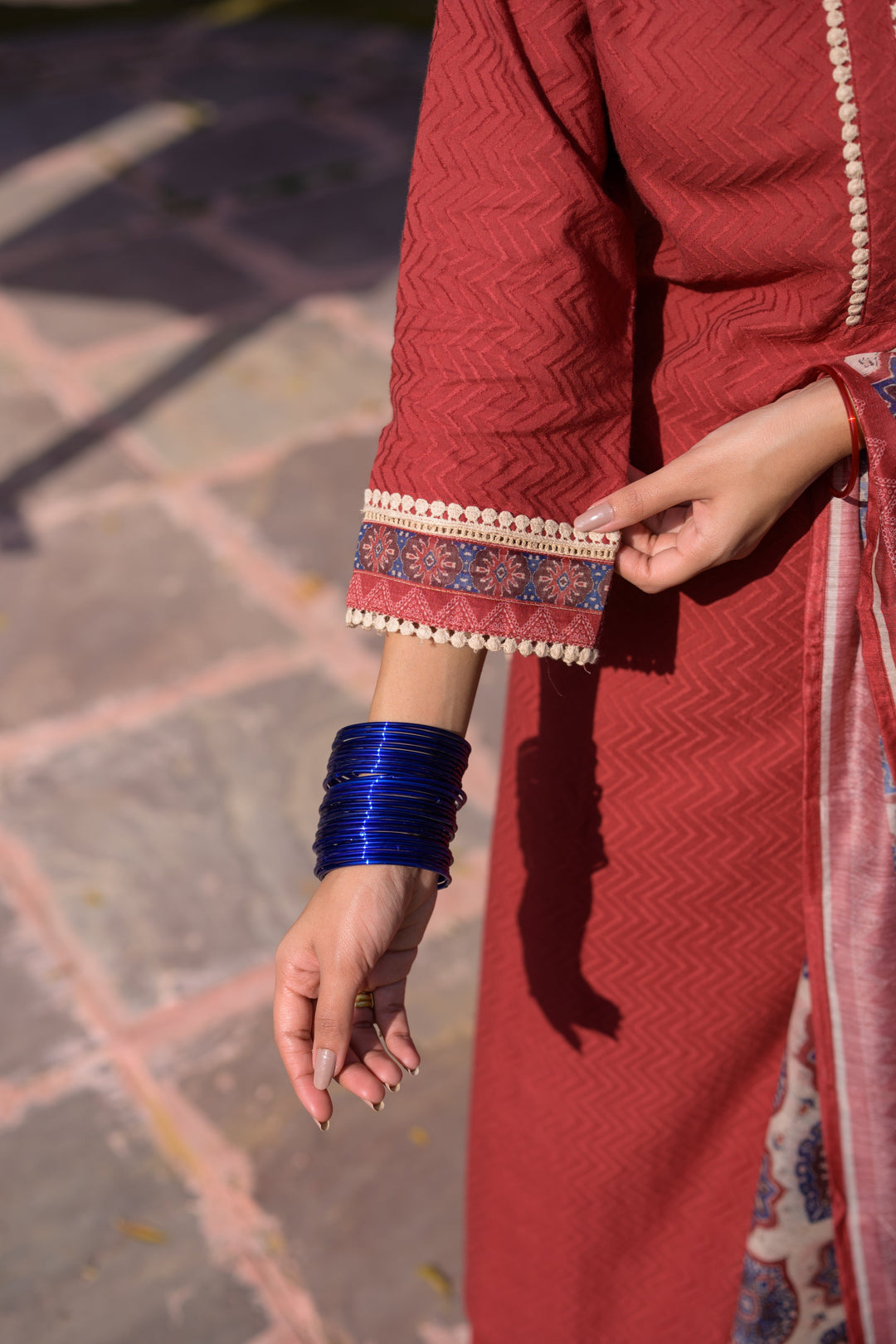 Brick Red Dobby Cotton with Lace and Block Printed Dupatta Suit Set- SET OF-3 | SHOBITAM