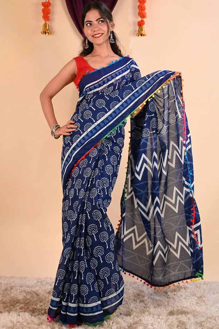 Ready to wear Indigo Blockprint Mul Mul Cotton With Pom Pom Wrap in 1 minute Saree