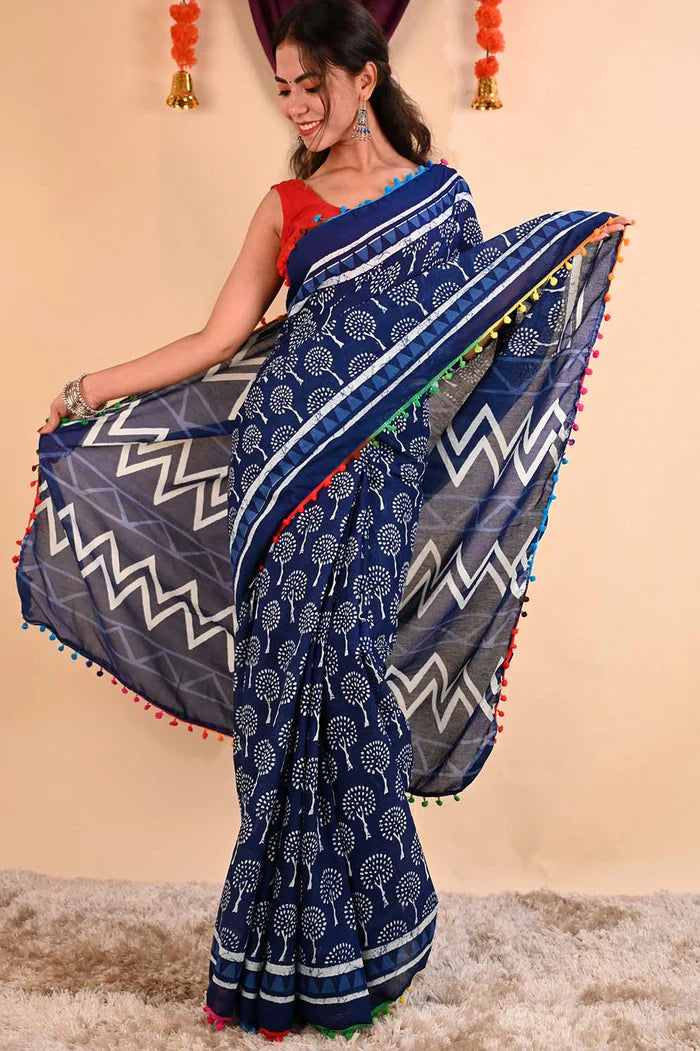 Ready to wear Indigo Blockprint Mul Mul Cotton With Pom Pom Wrap in 1 minute Saree