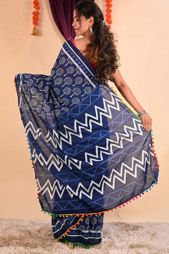 Ready to wear Indigo Blockprint Mul Mul Cotton With Pom Pom Wrap in 1 minute Saree