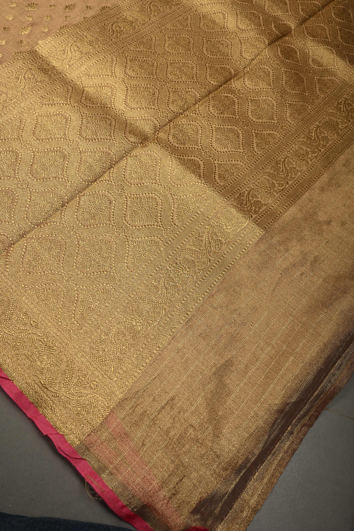 Light Chikoo Banarasi Vegan Silk Tissue Saree with Zari Buttas and Silver Chevron Pattern on Short Zari Border