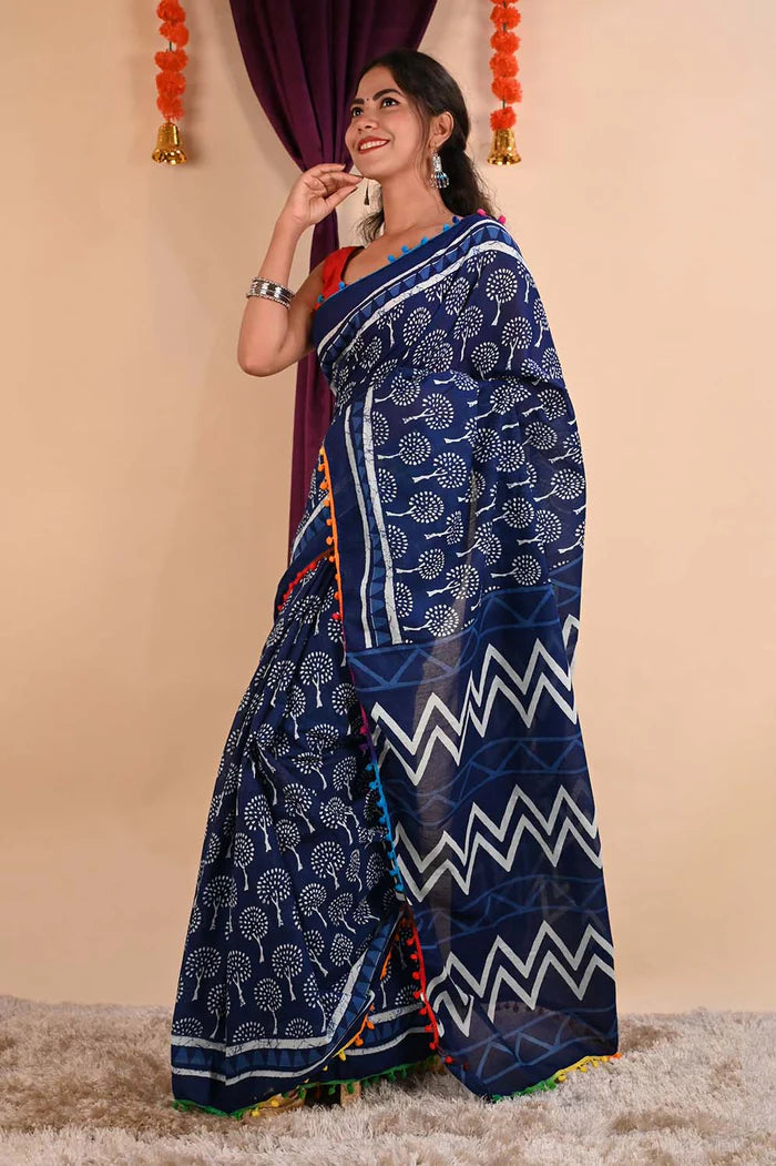 Ready to wear Indigo Blockprint Mul Mul Cotton With Pom Pom Wrap in 1 minute Saree